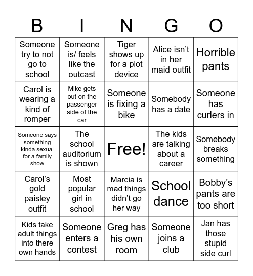 Brady Bingo Card