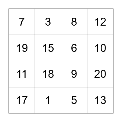 Addition 1-20 Bingo Card