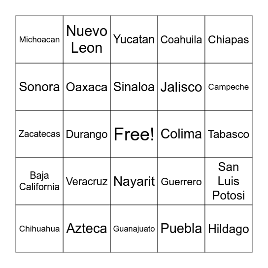 Mexico Regions Bingo Card