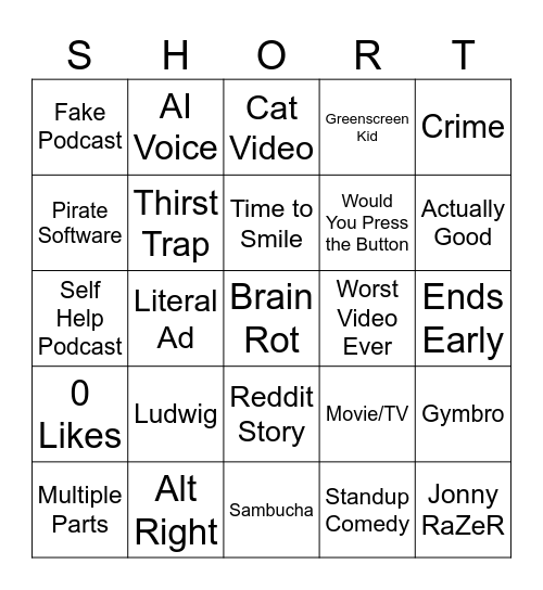 YouTube Shorts Bingo Card