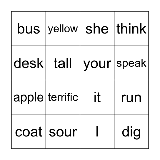 Noun                  Adjective         Pronoun         Verb Bingo Card