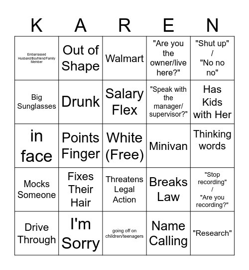 Karen Bingo(mostly adapted from donut operator's bingo card/s) Bingo Card