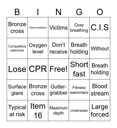 Shallow Water Blackout Bingo Card