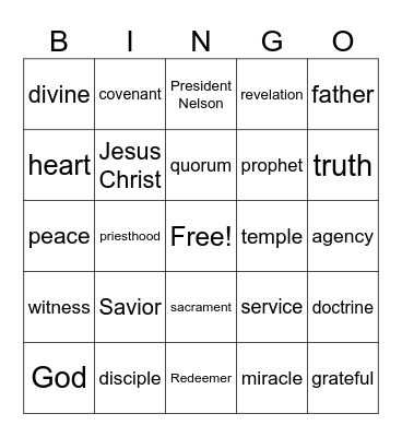 General conference bingo Card