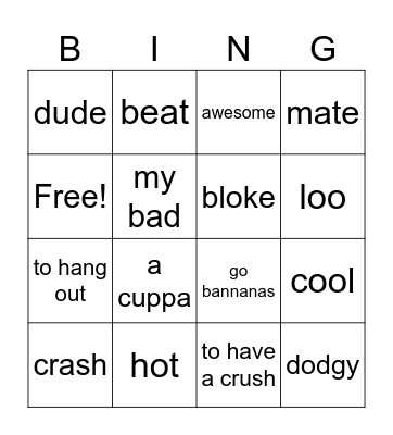 American and British Slang Bingo Card