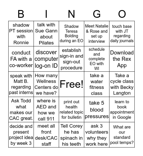 Intern Bingo due June 15, 2016 Bingo Card