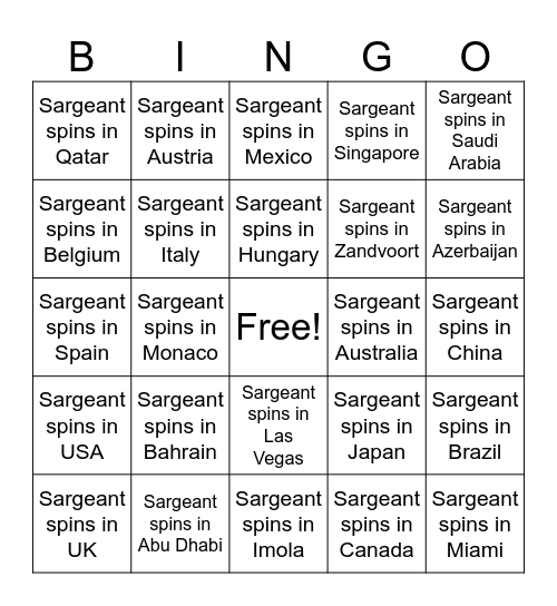 F1 Bingo Card