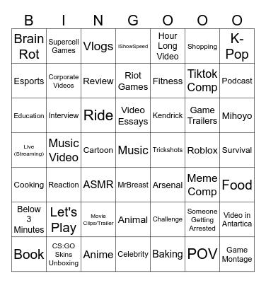 Youtube Feed Bingo Card