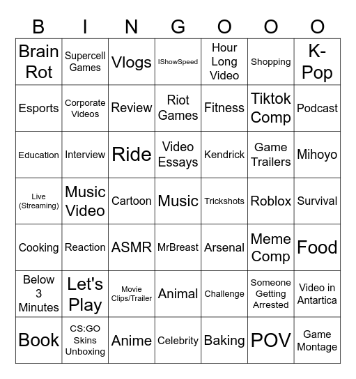 Youtube Feed Bingo Card