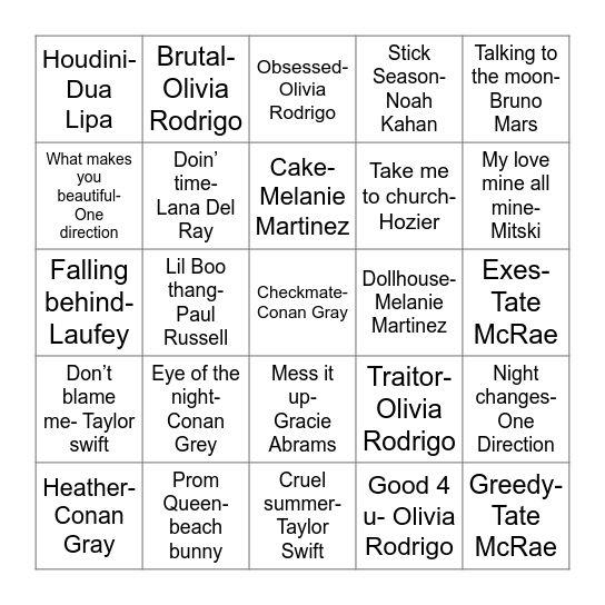 Music bingo! Bingo Card