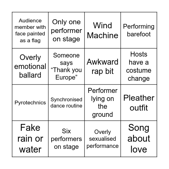 Eurovision Bingo Card