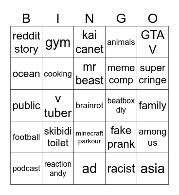 youtube shorts Bingo Card