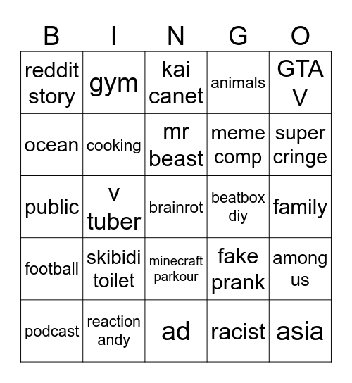 youtube shorts Bingo Card