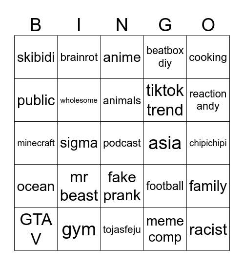 youtube shorts Bingo Card