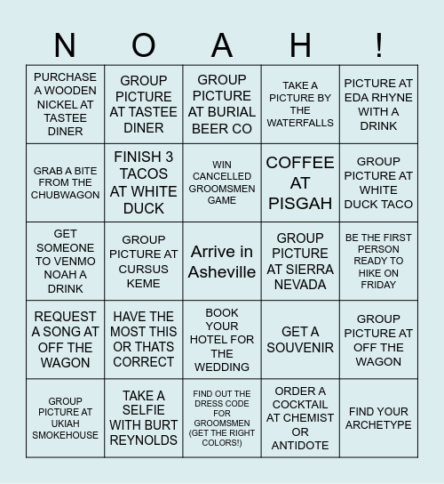 NOAH'S BACHELOR PARTY BINGO Card