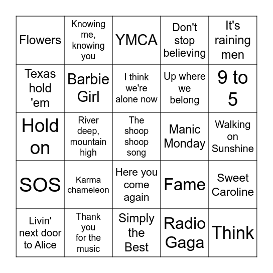 ***Spice's Jukebox Bingo*** Bingo Card