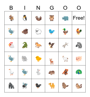 Animals memory Bingo Card