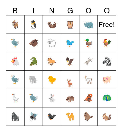 Animals memory Bingo Card