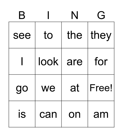 Sight Words Bingo Card