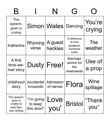 Wedding Speech Bingo Card