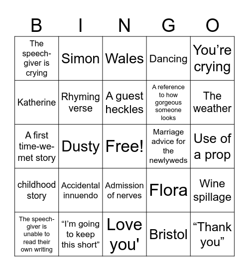 Wedding Speech Bingo Card