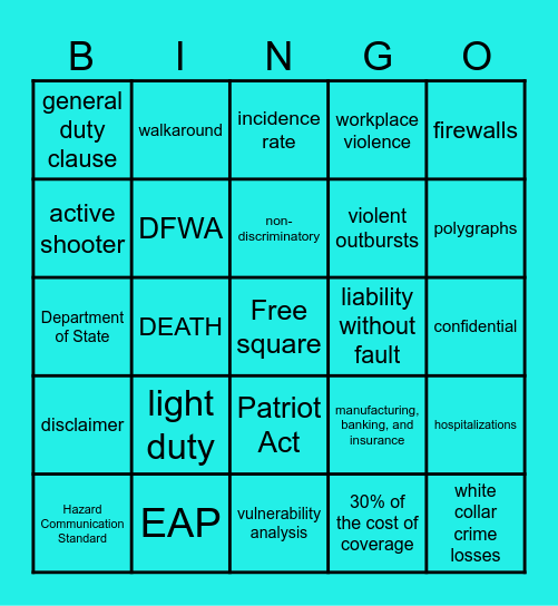 Safety, Security and Wellness Bingo Card