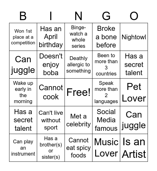 ABSA Boba Social Bingo Card