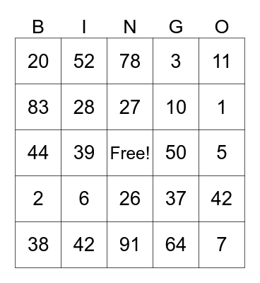 Number Bingo Card