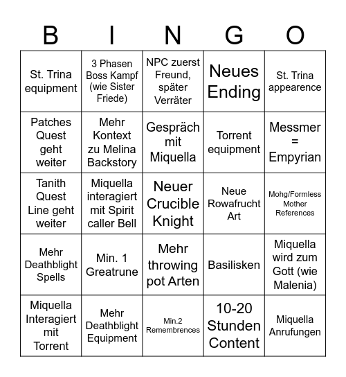 Elden Ring DLC Bingo Card