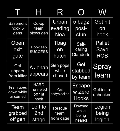 Throwing DBD Bingo Card