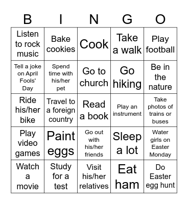 Spring break Bingo Card