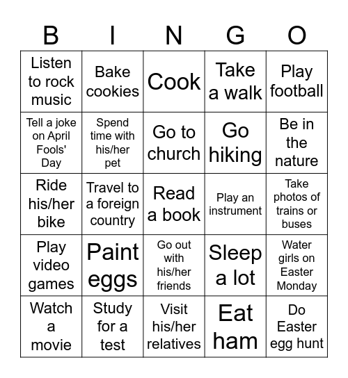 Spring break Bingo Card