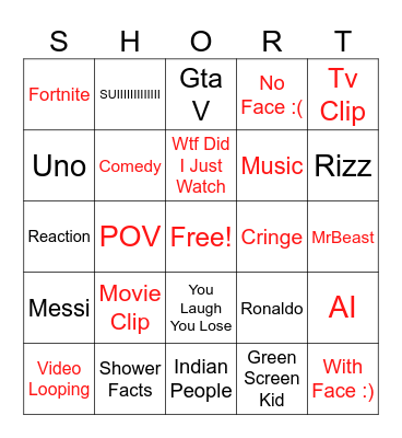 Youtube Shorts BINGO Card