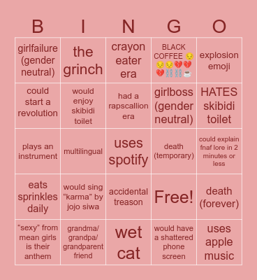 favorite character bingo Card