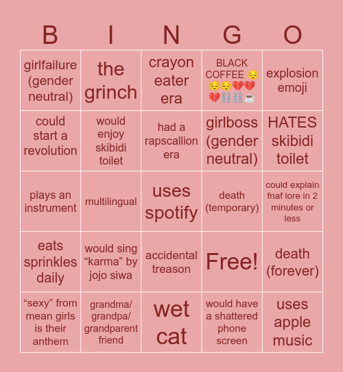 favorite character bingo Card