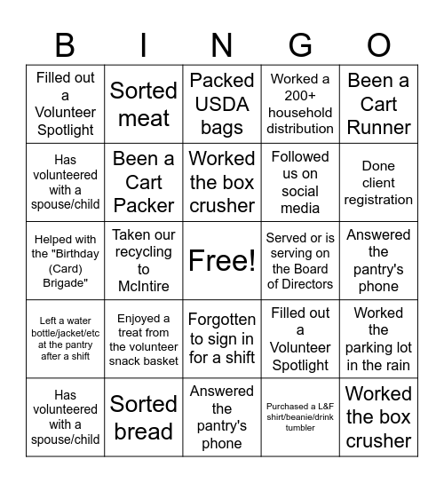 Volunteer Bingo - Find a volunteer who has: Bingo Card