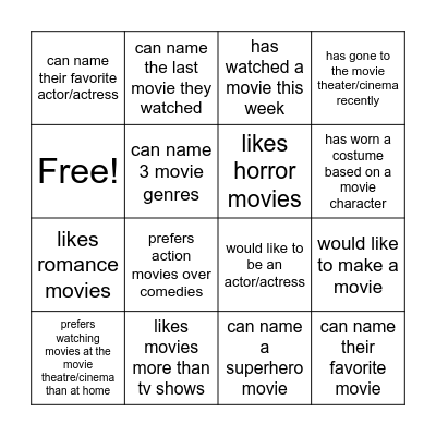Movies/Films: Find someone who... Bingo Card