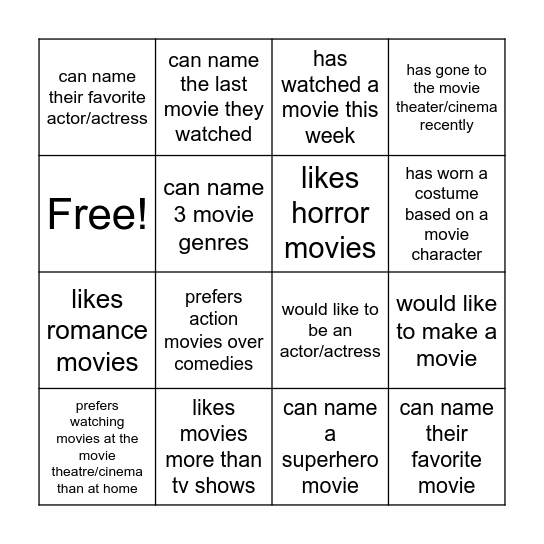 Movies/Films: Find someone who... Bingo Card