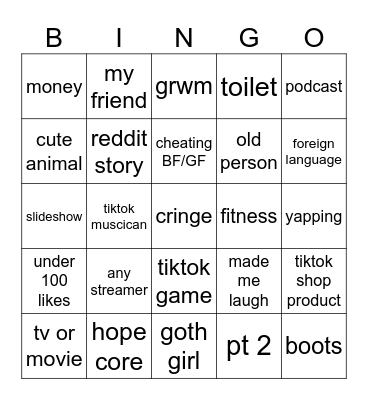 tiktok bingo Card