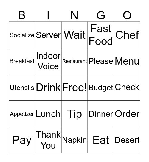 Restaurant BINGO Card