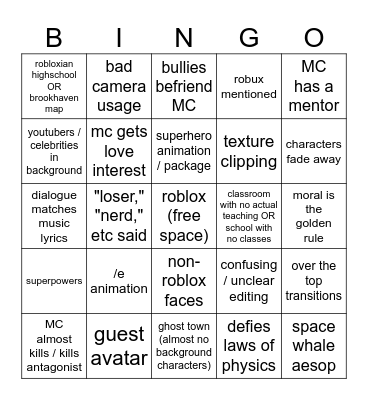 Roblox Music Video Bingo Card