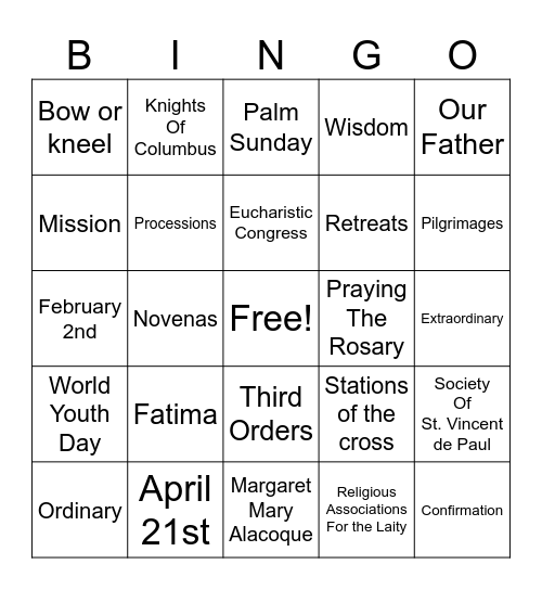 Devotions and Practices Bingo Card