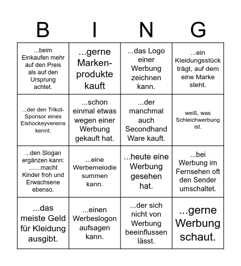 WERBUNG - Finde jemanden, der / die Bingo Card