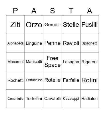 Pasta Bingo Card
