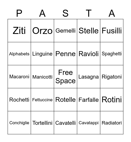 Pasta Bingo Card