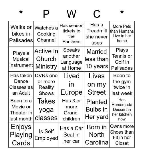 Locate a guest that fits the description in a square and place her name in that square.  Bingo Card