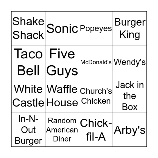 BINGO: Iconic Fast Food...U S A ! Bingo Card