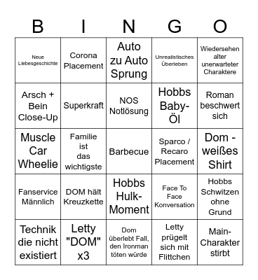 Fast & Furious 9 Bingo Card