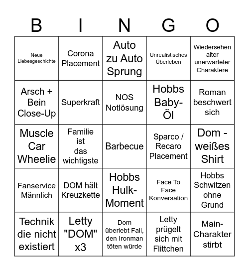 Fast & Furious 9 Bingo Card