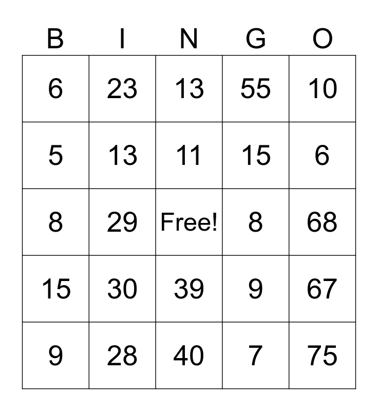 Number Bingo 1-20 Bingo Card